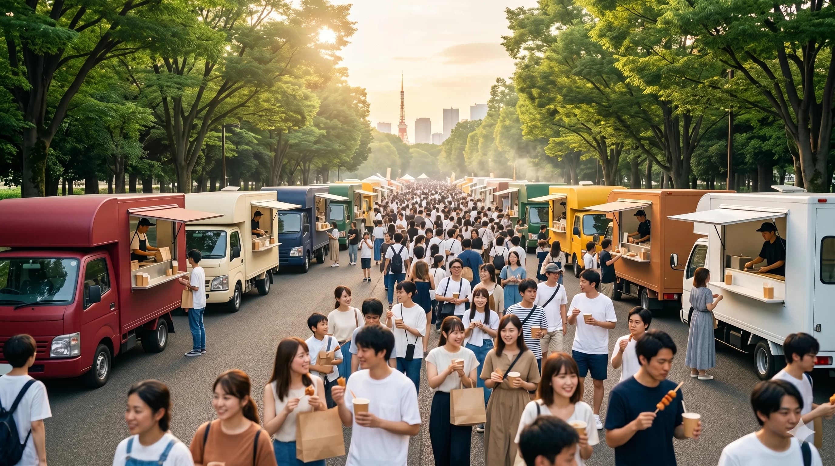 大型イベント会場で複数のキッチンカーと来場者で賑わう様子