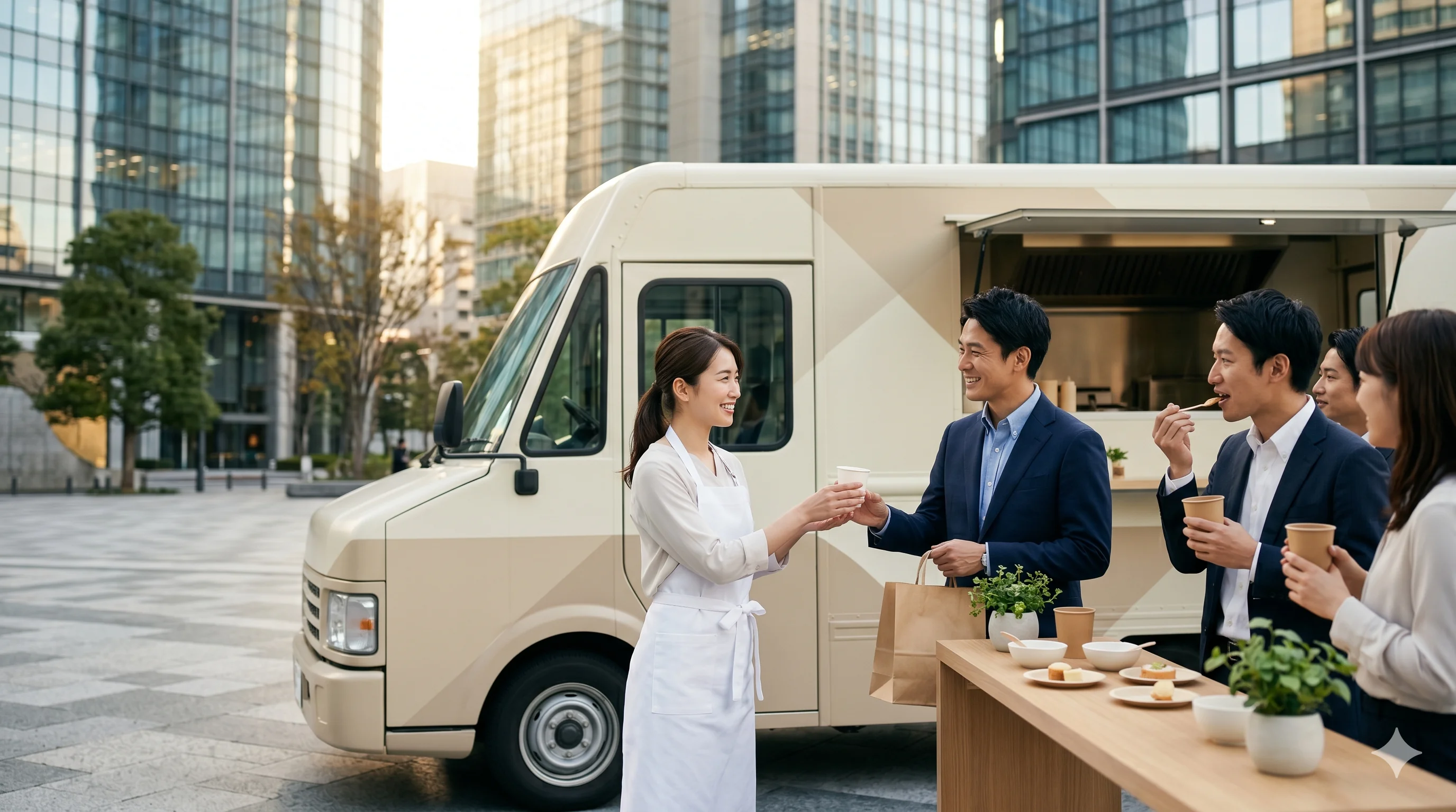 食品・飲料メーカーのプロモーションキッチンカーで試食を提供するシーン