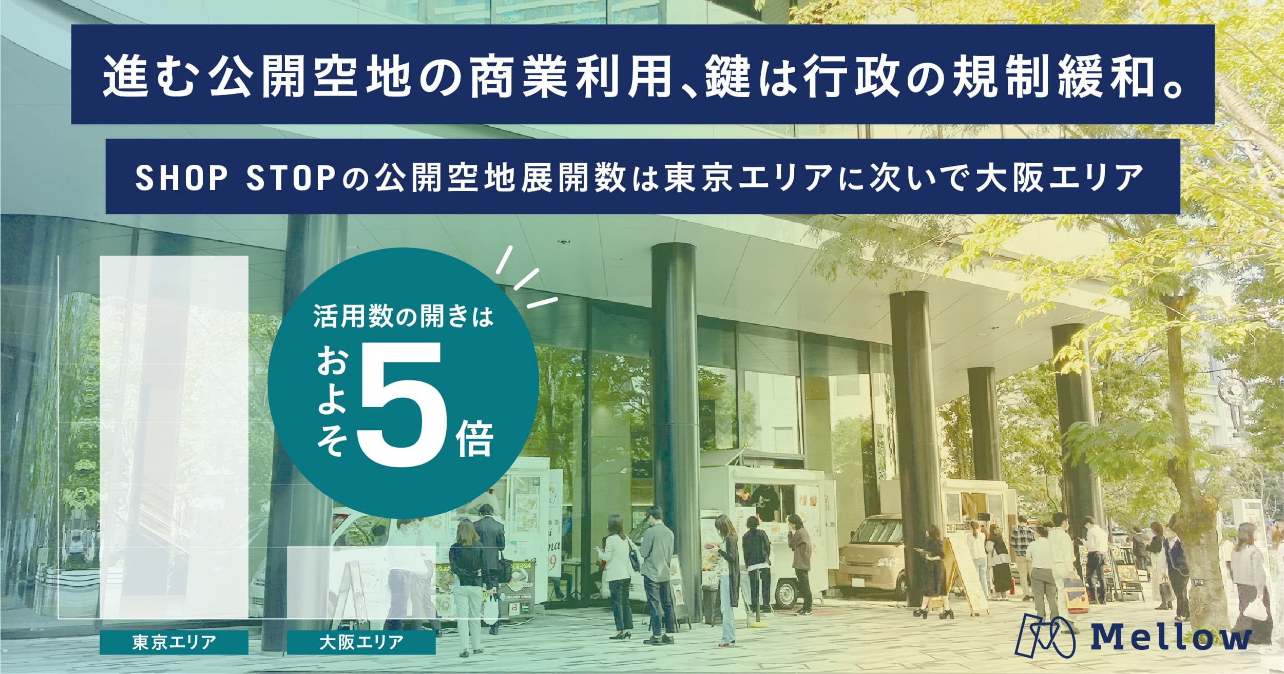 進む公開空地の商業利用、鍵は行政の規制緩和。SHOP STOPの公開空地展開数は東京エリアに次いで大阪エリア、活用数の開きは約5倍に。